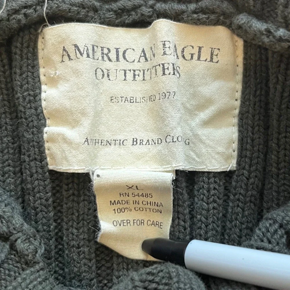 VTG American Eagle Men XL Green Ribbed Mock Neck Sweater Cotton Elbow Patch 3249